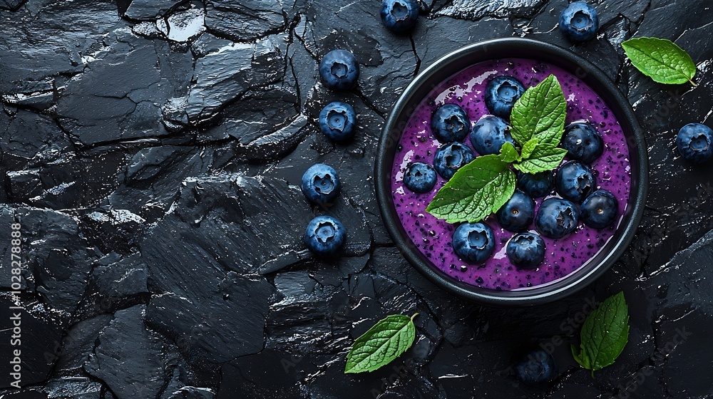 Poster berry smoothie with fresh blueberries on a black stone background top view : generative ai