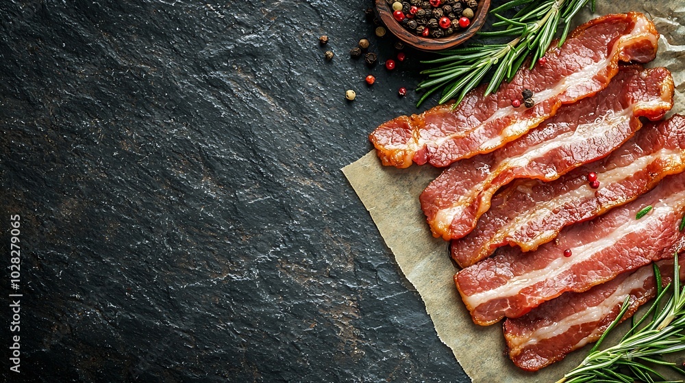 Poster Raw bacon with rosemary and spices slices on parchment paper Grey slate background Copy space Top view : Generative AI