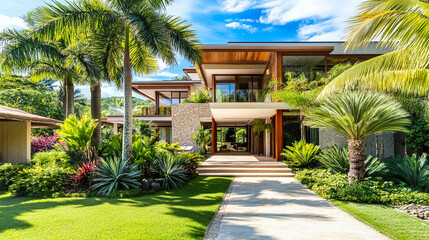 Fototapeta premium Luxury tropical resort hotel surrounded by lush trees and gardens in a sunny Florida landscape
