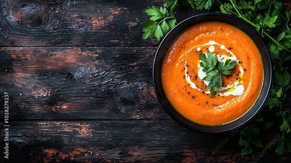 Poster pumpkin and carrot soup tadka with cream and parsley on dark wooden background top view : generative