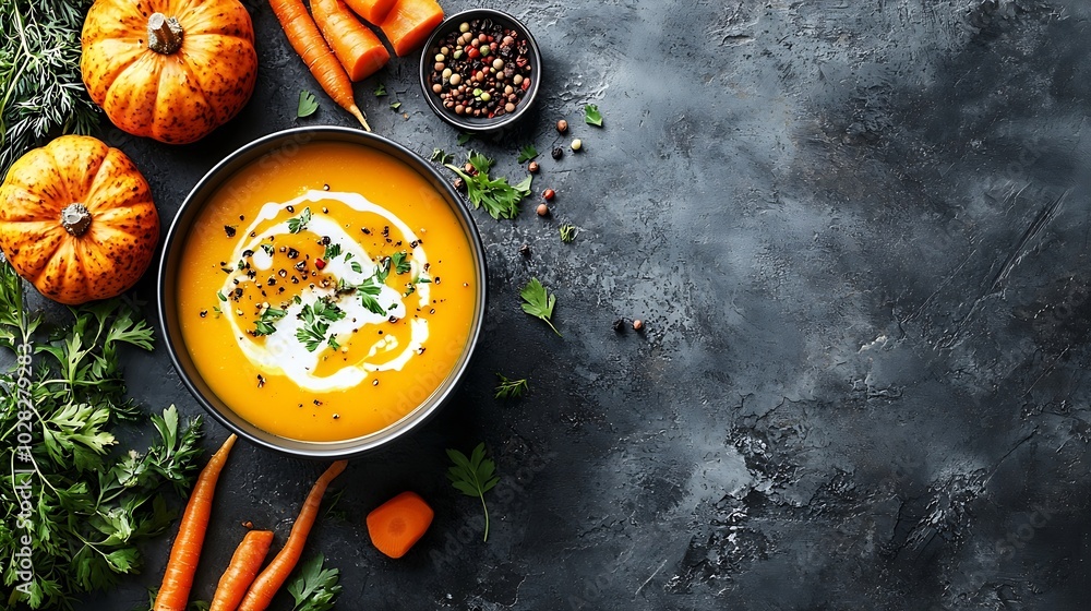 Poster pumpkin and carrot soup with cream on grey stone background top view : generative ai