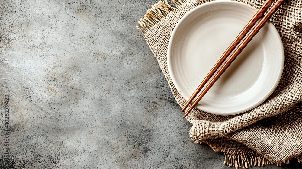 Poster Asian table place setting with white plate and chopsticks Top view Copy space Grey background Close up Top view : Generative AI
