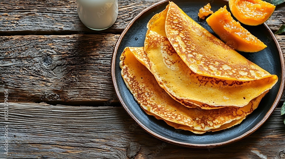 Poster thin crepes or pancakes with fresh pumpkin confiture jam and bottle of milk on a rustic wooden backg