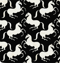  pattern of stylized white horses on black background. elegant and minimalist design with a sense of movement.