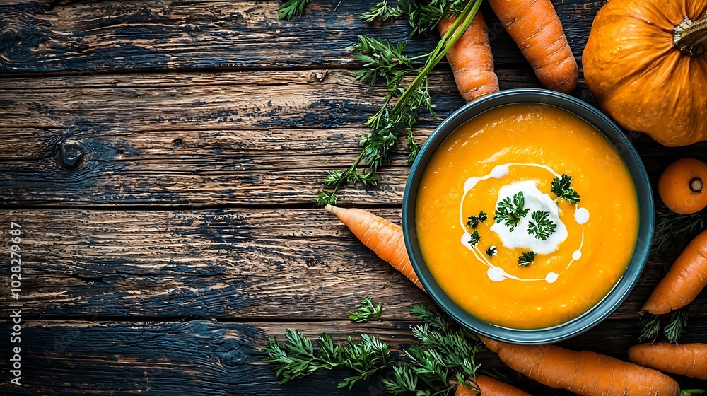Poster pumpkin and carrot soup with cream blue wooden background copy space top view : generative ai