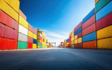 A busy container yard under a clear blue sky, representing global business logistics and cargo transport, with ample space for text or promotional content 