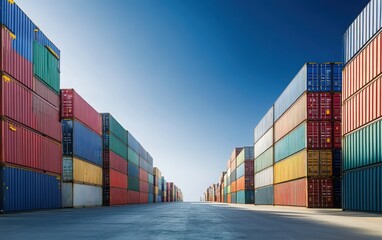 Fototapeta premium A busy container yard under a clear blue sky, representing global business logistics and cargo transport, with ample space for text or promotional content 