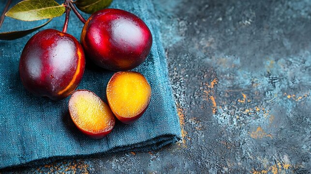 Tamarillo fruits with slice on blue napkin Outdoor background : Generative AI