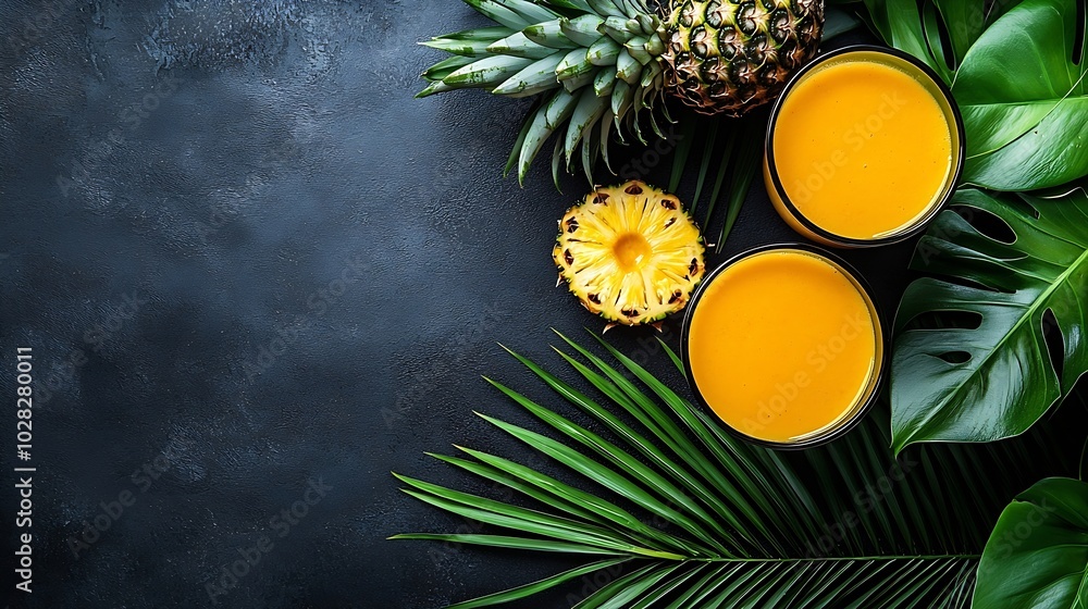 Poster pineapple with tropical fruit juice smoothie on dark background copy space top view : generative ai