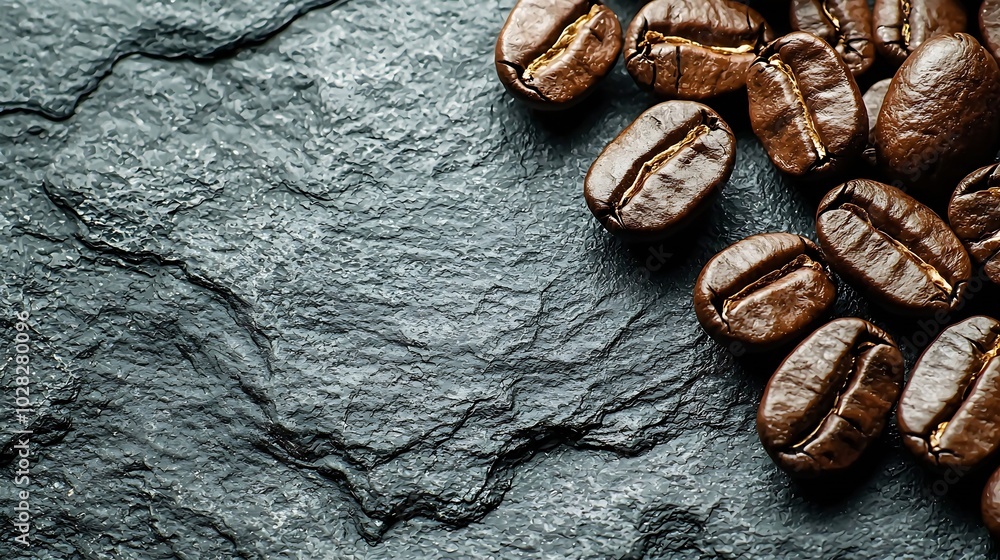 Poster coffee beans on grey slate background close up copy space : generative ai