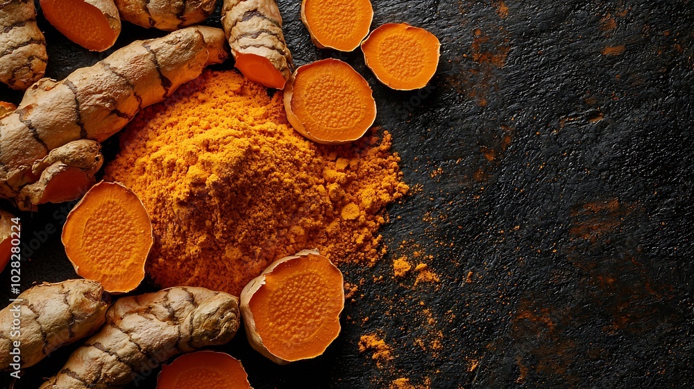 Poster fresh turmeric curcuma tumeric roots powder and dried slices dark background top view : generative a