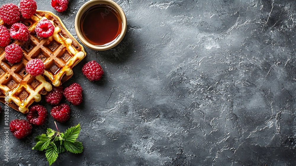 Poster Belgian waffles with maple syrup and fresh raspberry Grey slate background Top view : Generative AI