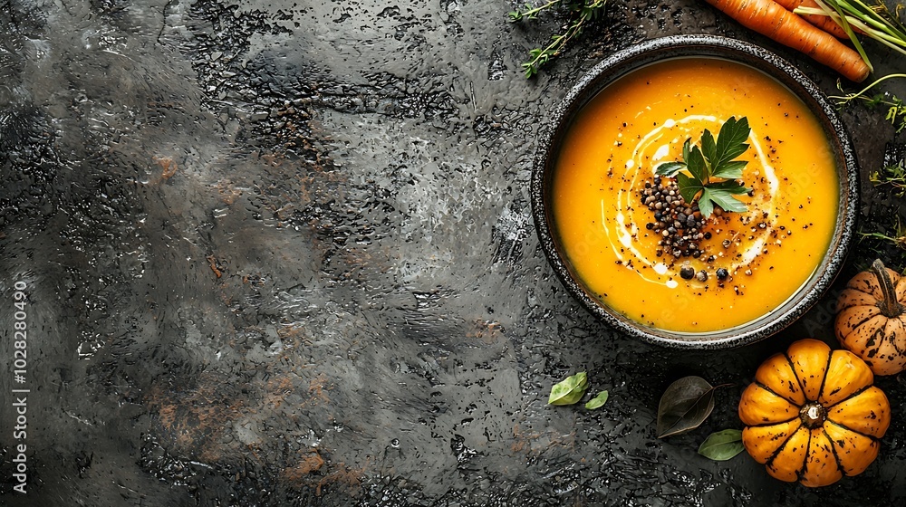 Poster pumpkin and carrot soup with cream on grey stone background close up top view : generative ai
