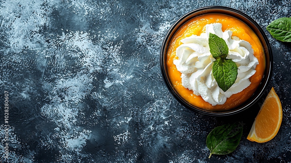 Poster pumpkin soup with cream in black bowl on dark grey background close up top view : generative ai