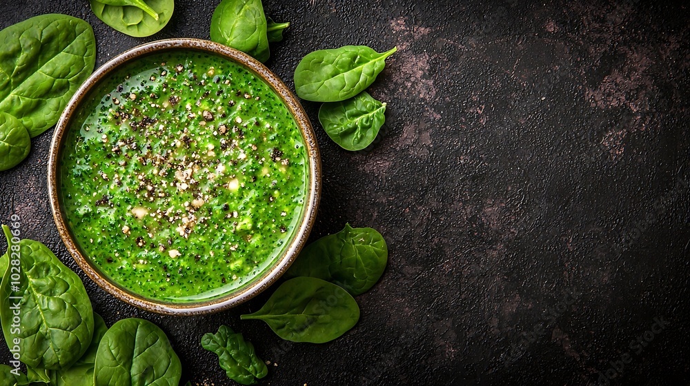 Poster broccoli spinach cream soup in a bowl top view : generative ai