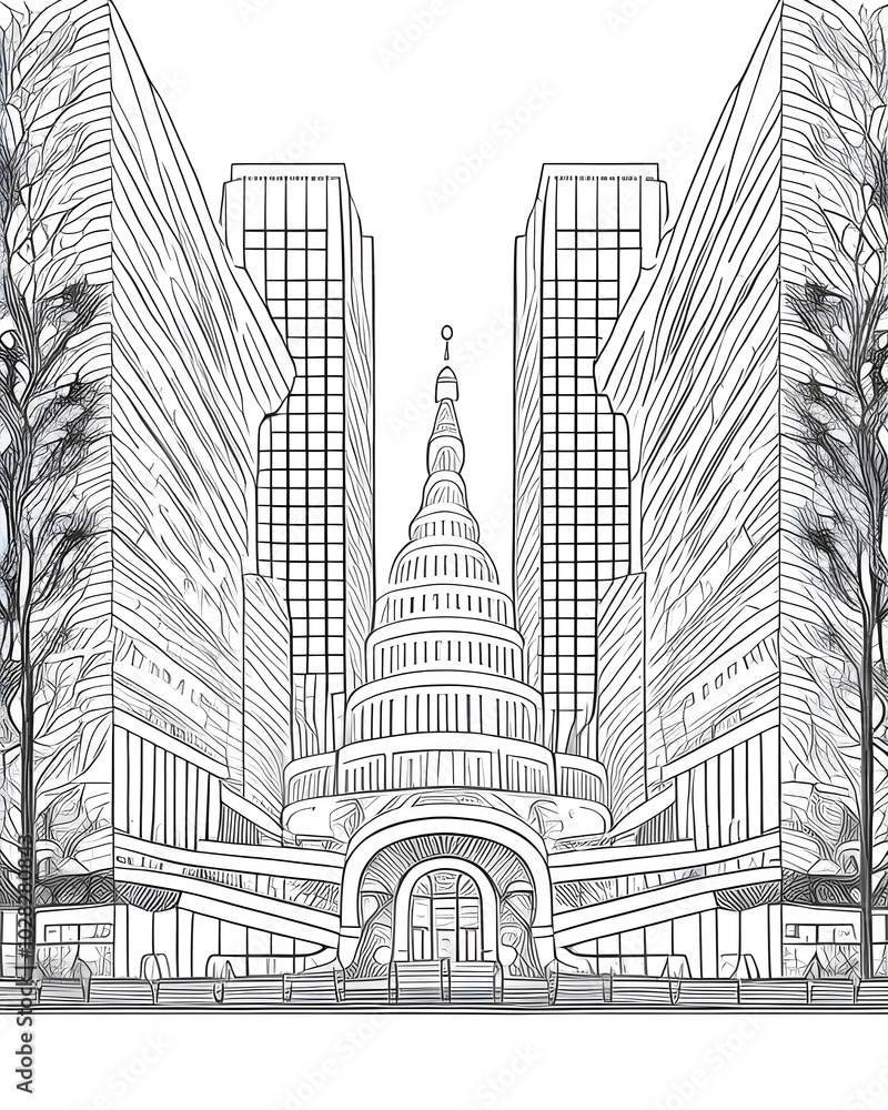 Poster A drawing of a building with a line of trees and a building with a building in the background.