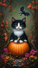 Cat sitting on a pumpkin with autumn leaves.