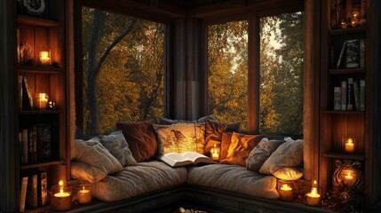 A charming reading nook with a flickering fire, decorative candles, pillows, and a book open on a cozy seat.