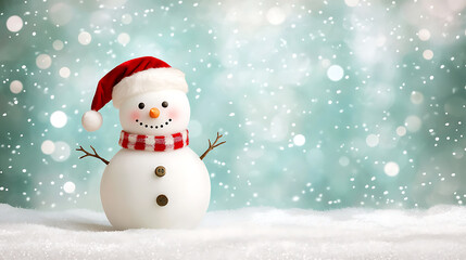 Obraz premium cheerful snowman wearing Santa hat and striped scarf stands in snowy landscape, surrounded by softly falling snowflakes. festive atmosphere evokes joy and holiday spirit