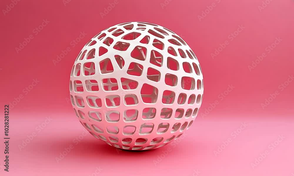 Poster a white spherical object with a grid pattern on a pink background.
