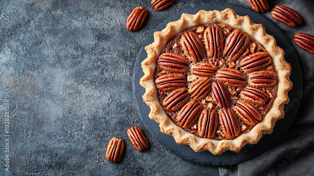 Poster pecan nut pie grey stone background copy space top view : generative ai
