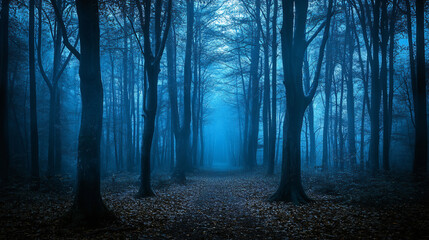 Fototapeta premium A dark forest looms ominously, whispering secrets of the lost.