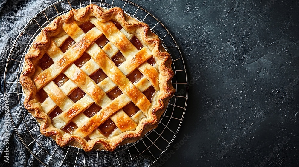 Poster apple pie on a cooling rack grey background close up top view : generative ai