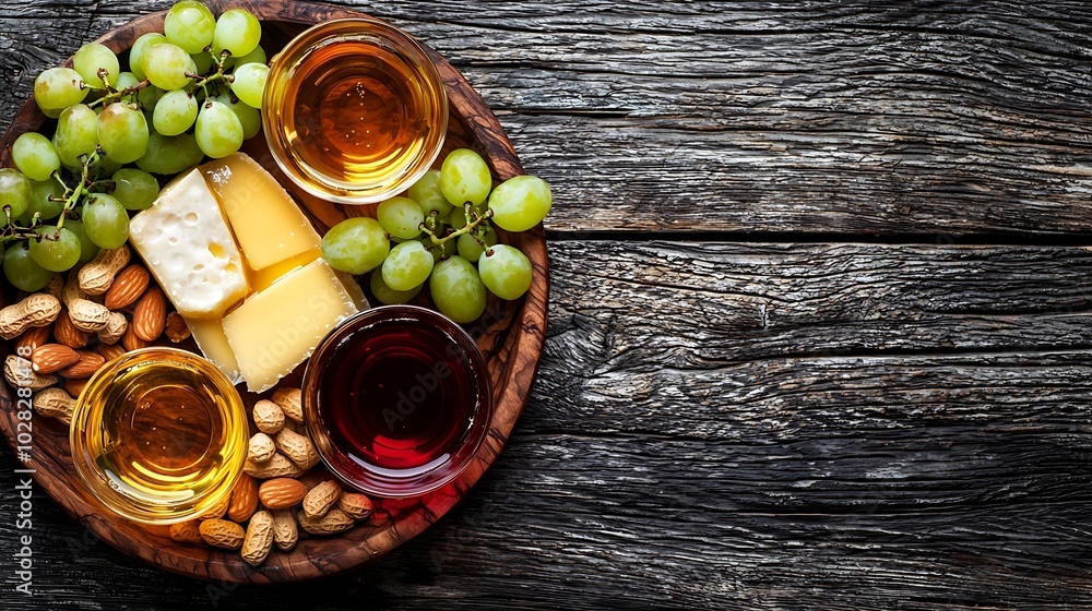 Poster cheese plate with honey nuts and grape and white and red wine in glasses on a wooden background : ge