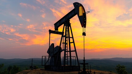 Naklejka premium Oil Pumpjack Silhouette at Sunset with Mountain Landscape
