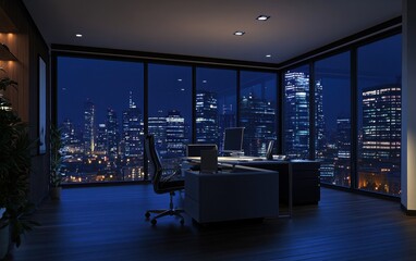 Naklejka premium A sleek office interior at night, softly blurred to create a dreamy and abstract working atmosphere, emphasizing a modern and calm ambiance 