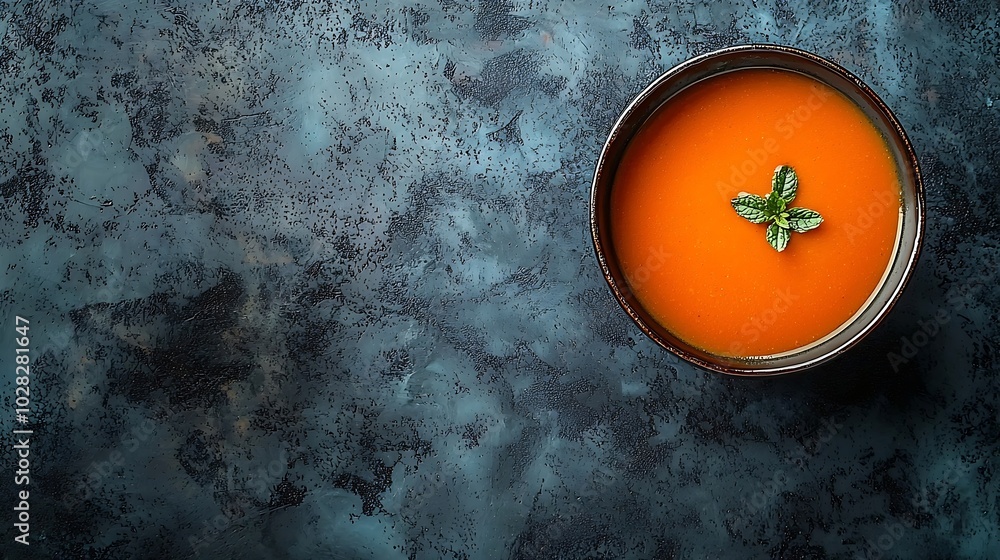 Poster pumpkin soup in bowl on grey stone background copy space top view : generative ai