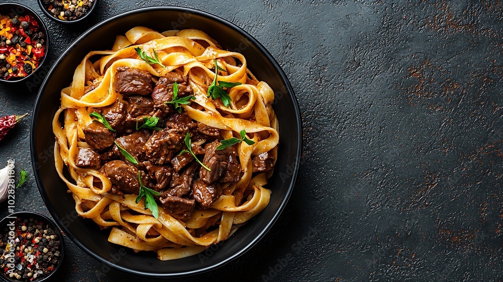 Aufkleber pasta fettuccine with beef ragout sauce in black bowl grey background close up top view : generative