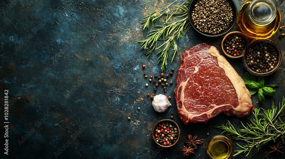 Poster raw beef steak with spices and ingredients for cooking top view copy space : generative ai