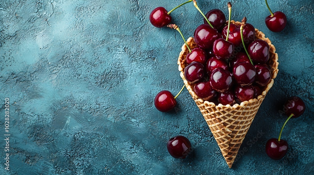 Poster cherries in waffle cone on blue stone background top view copy space : generative ai