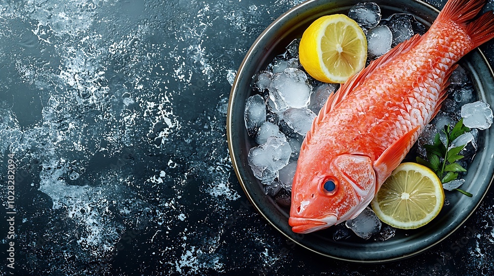 Aufkleber dorado raw fish on a plate with ice and lemon black stone background top view : generative ai