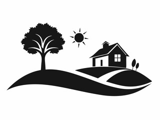 House Silhouette with Trees  Black and White Illustration.