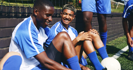 Group, men and ready with smile on soccer field of game warm up, teamwork planning and sports challenge. Happy, people and prepare or football competition, fitness performance and tournament training © AzeemudDeen/peopleimages.com