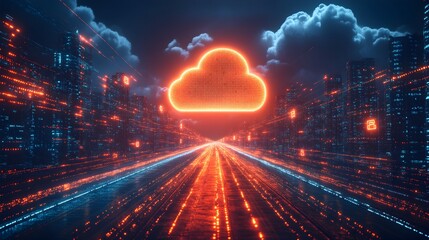 Glowing Futuristic Cityscape with Luminous Cloud and Digital Infrastructure at Night