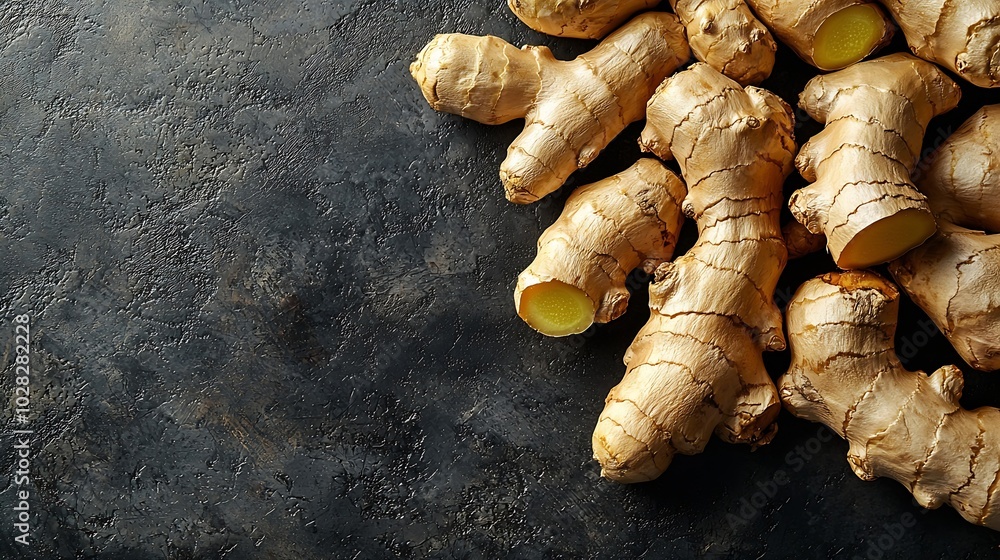 Aufkleber fresh ginger root dark background top view copy space : generative ai