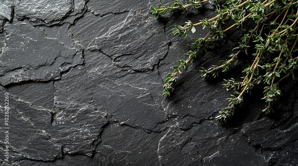 Poster Fresh thyme bunch on slate background Copy space Top view : Generative AI