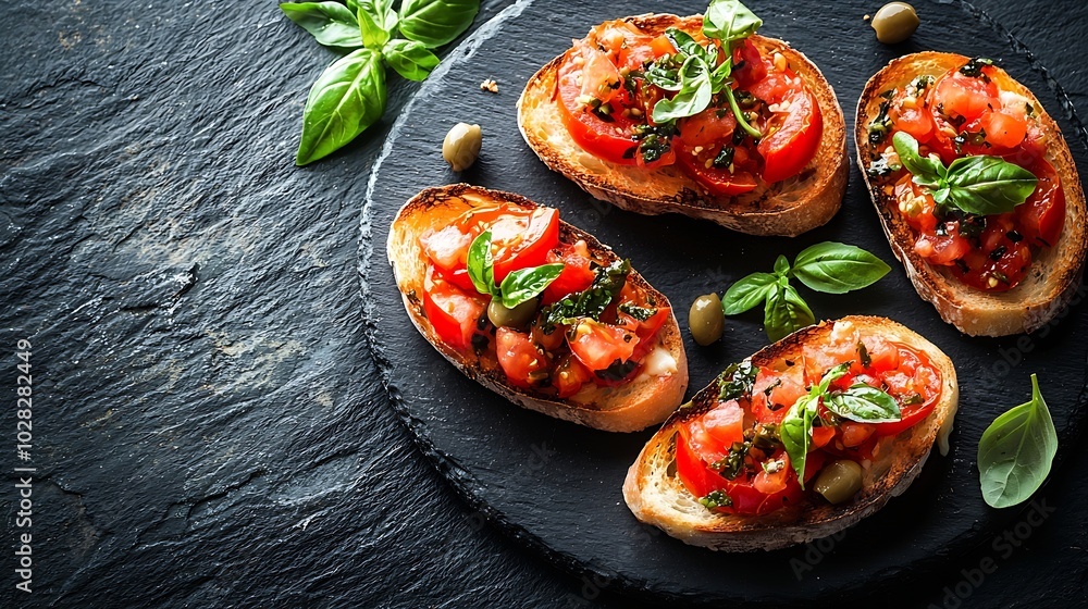 Poster bruschetta with tomatoes cheese and olive tapenade on black plates grey slate background top view co