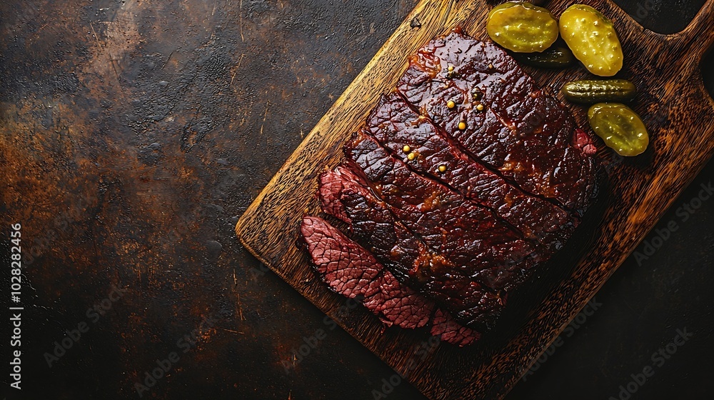 Poster roast beef on wooden cutting board with pickles top view copy space : generative ai