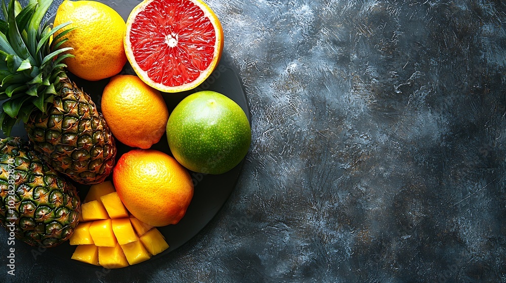 Aufkleber tropical fruits assortment on a plate slate background copy space top view : generative ai