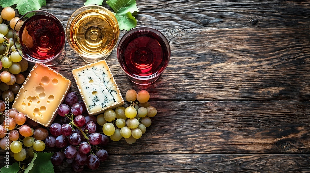 Poster assortment of cheese grapes with red and white wine in glasses wooden background top view : generati