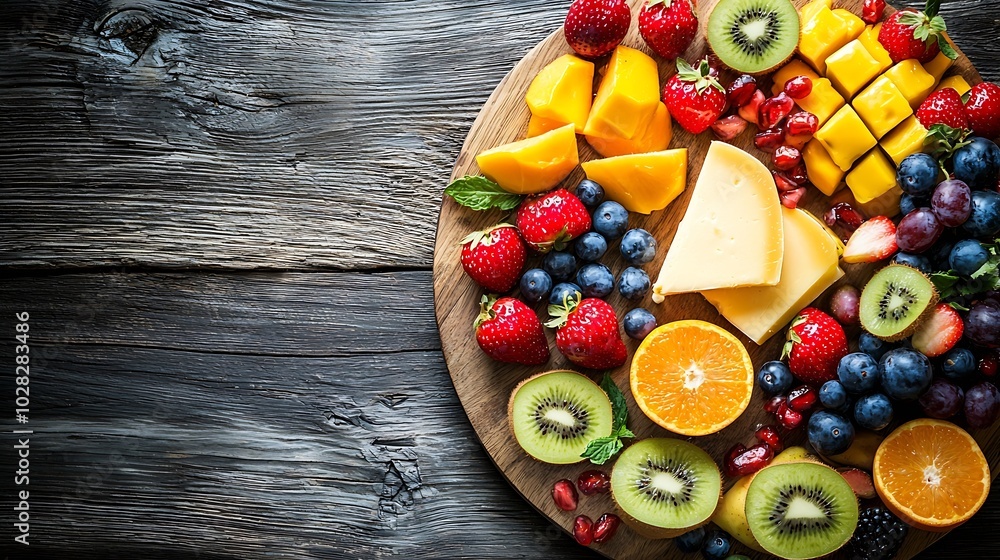Poster cheese and fruits assortment on cutting board on wooden background copy space top view : generative 