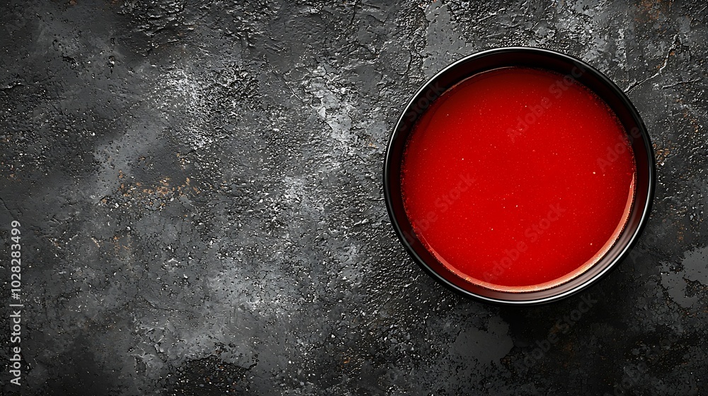 Poster Tomato soup in a black bowl on grey stone background Top view Copy space : Generative AI