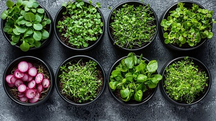 Obraz premium Assortment of micro herbs Chives radish sunflower chervil sprouts in containers Grey background Top view : Generative AI
