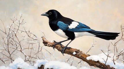 Magpie Perched on a Snowy Branch