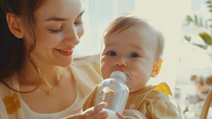 Mom feeds an infant baby with powdered milk from a bottle