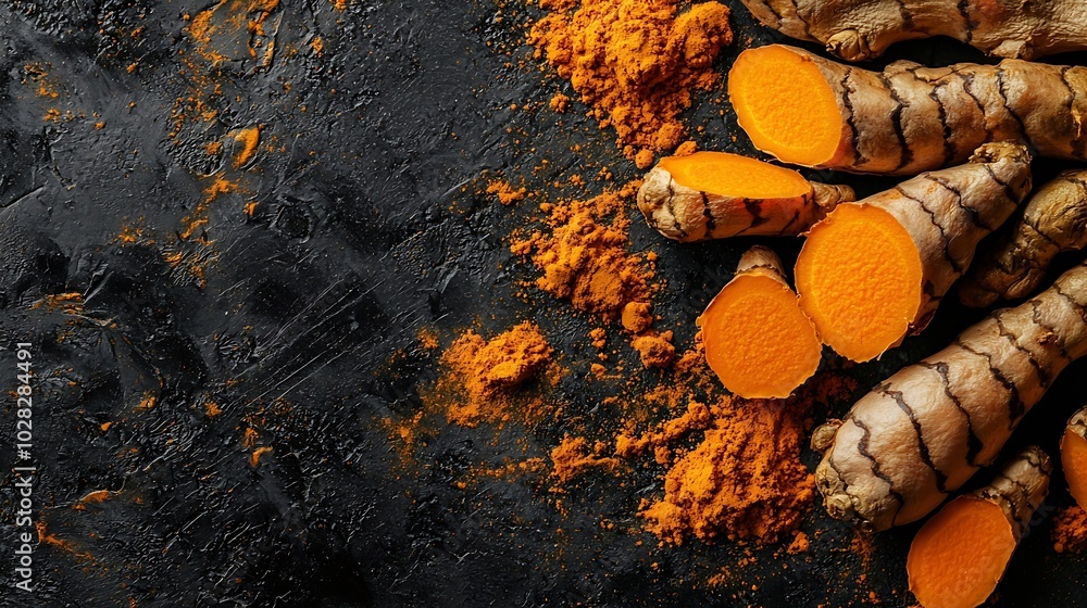 Poster fresh turmeric curcuma tumeric roots powder and dried slices dark background copy space top view : g